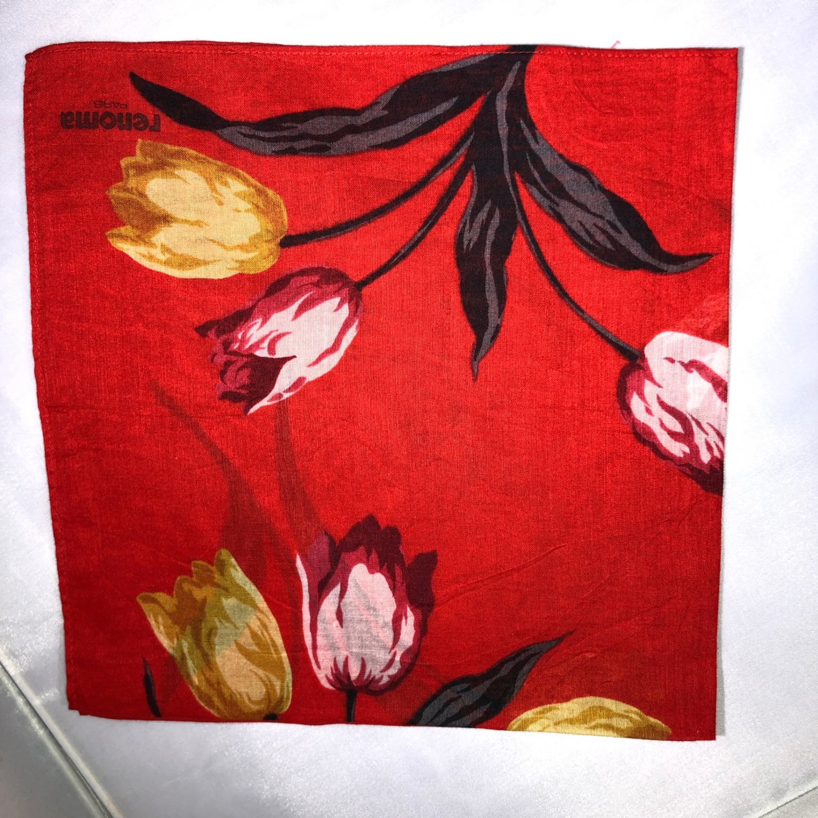 Renoma Paris Red Tulip Floral Handkerchief Cotton Square Pocket Scarf 16x16